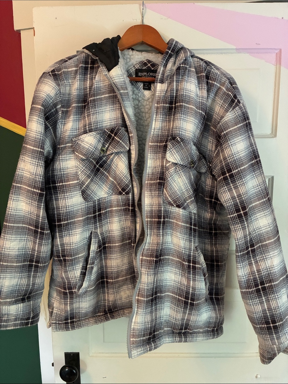 Men’s Black & White Plaid Sherpa-Lined Jacket